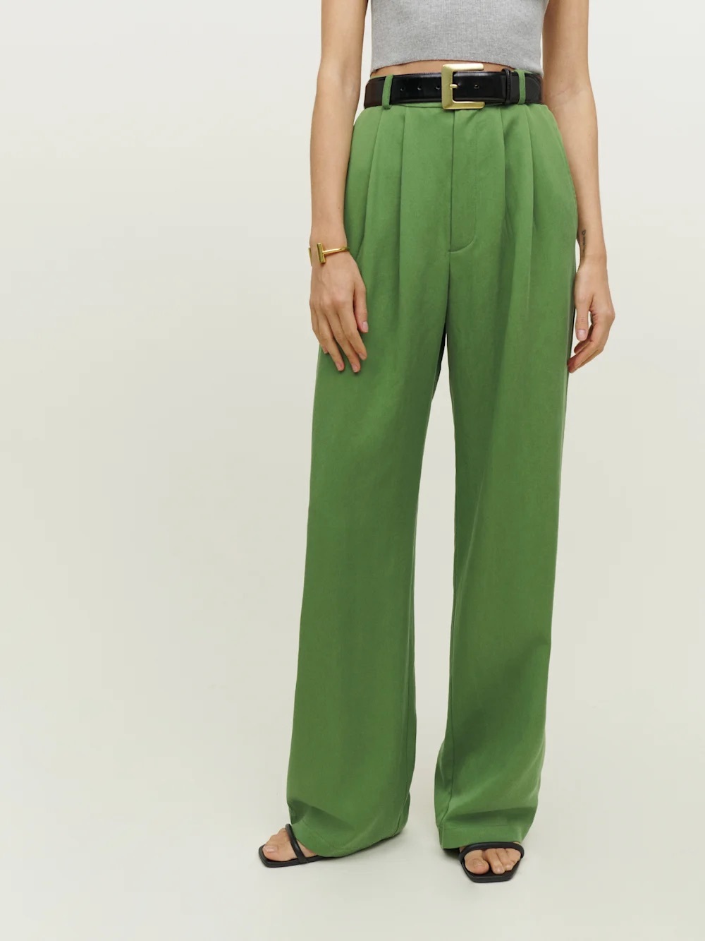 Reformation Olive Green Pleated Wide-Leg Dress Pants
